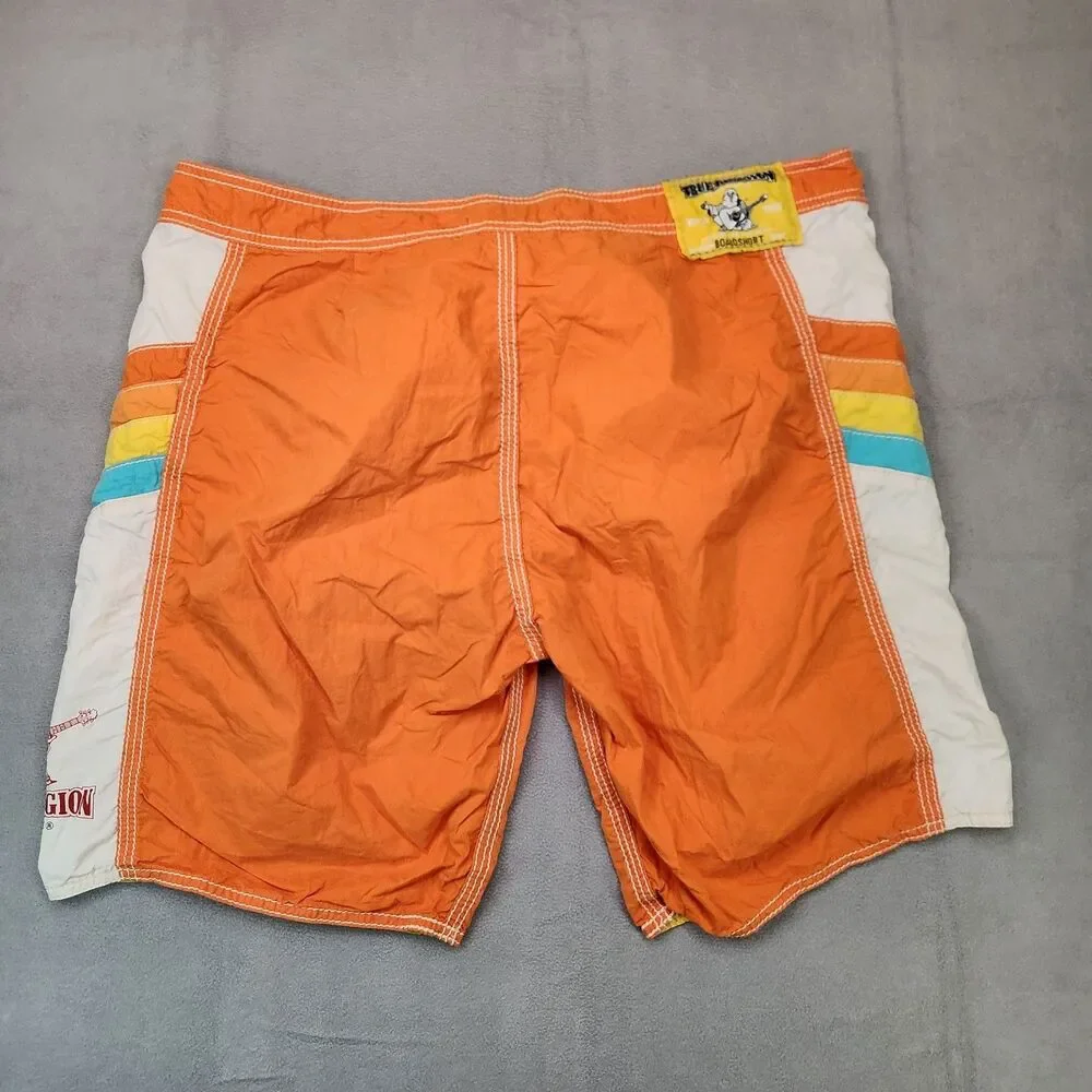 True Religion Retro Board Shorts Men's 40 Orange Swim Trunks Y2K 10